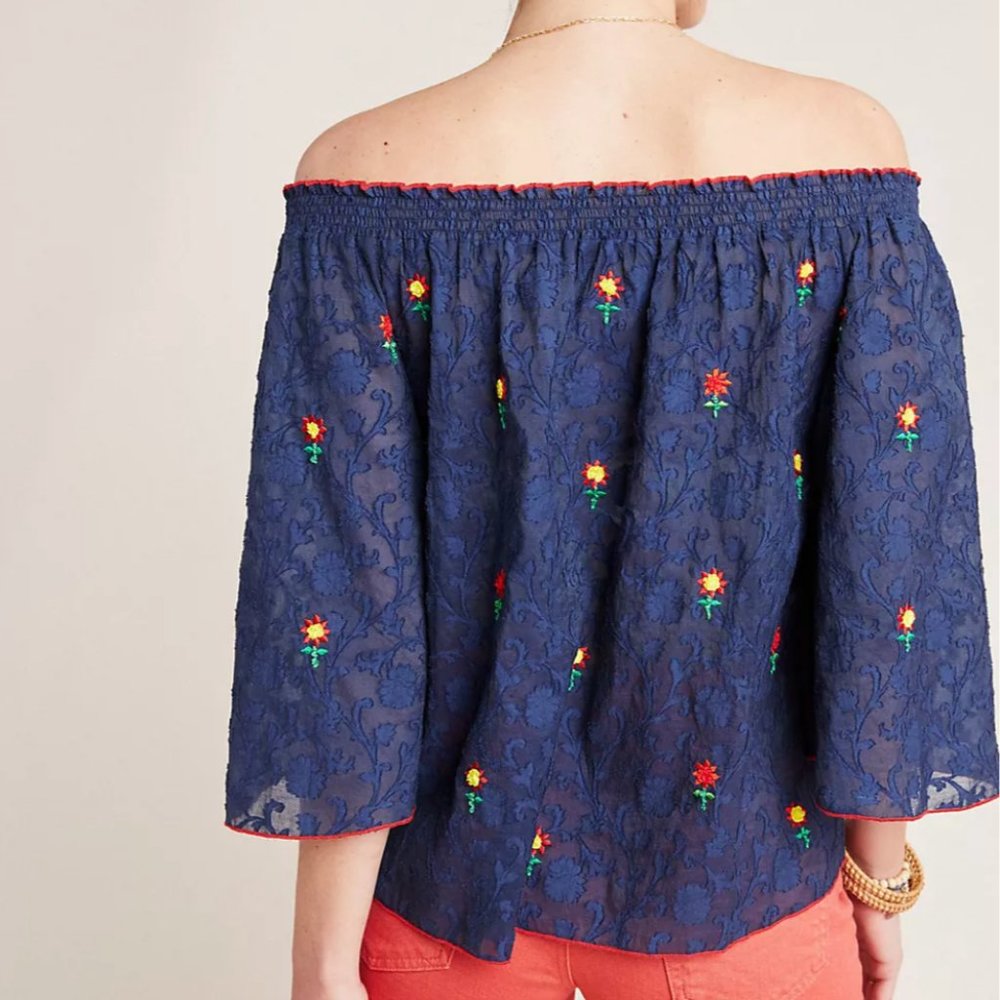 ANTHROPOLOGIE/ PAYAL JAIN Jayna Embroidered Off The Shoulder Navy Top - Sz XS - Picture 2 of 11